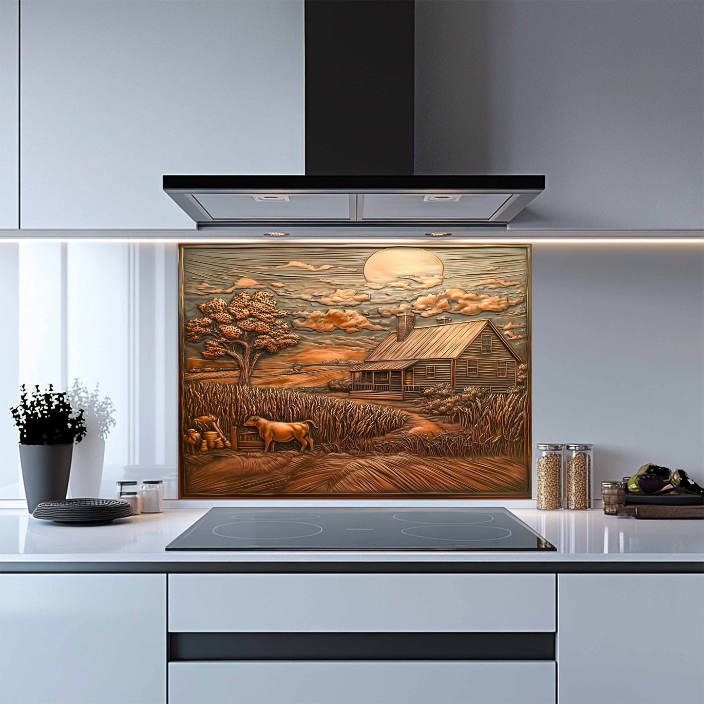 Kitchen with a decorative glass splashback featuring a rural scene.