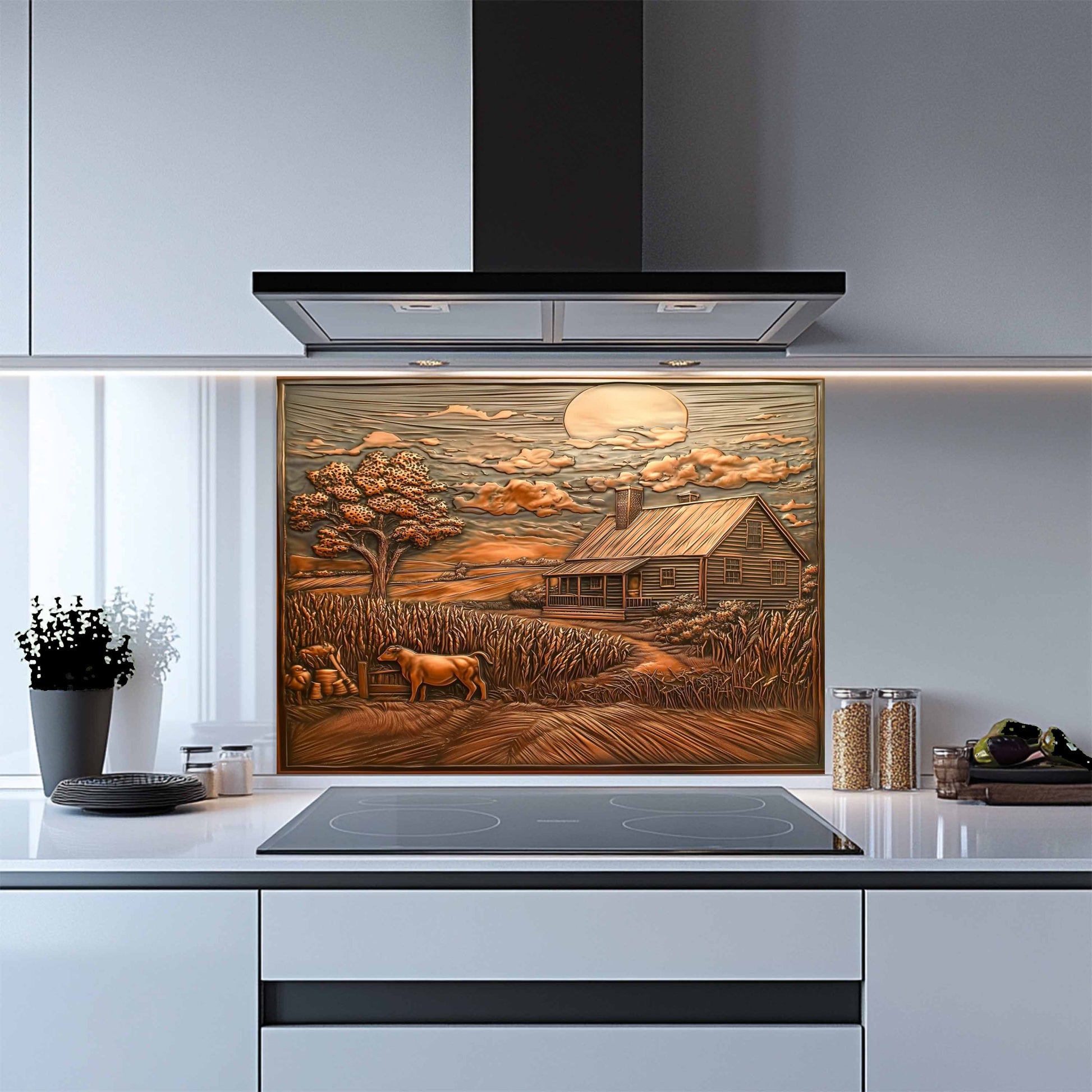Kitchen with a decorative glass splashback featuring a rural scene.