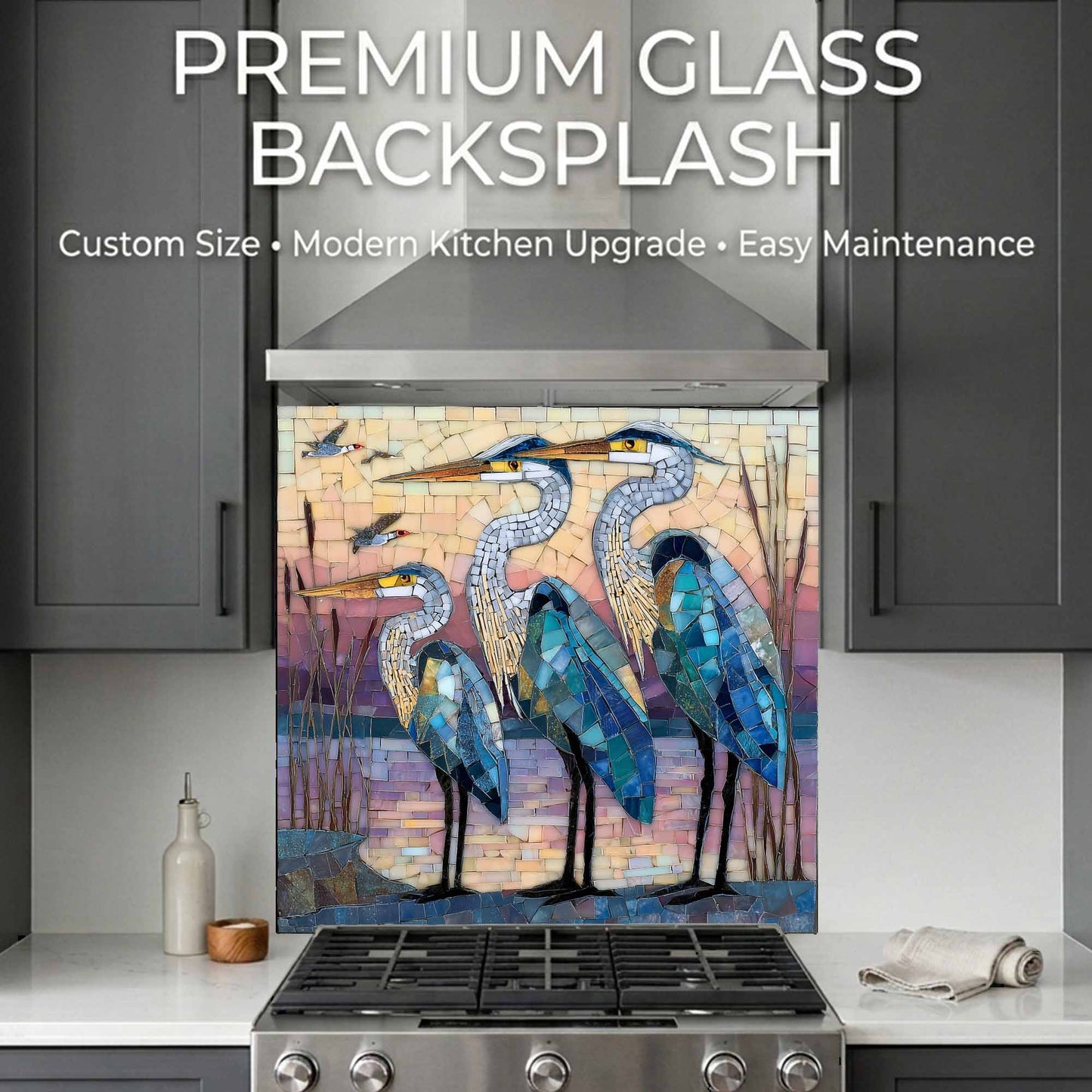 Decorative glass backsplash with heron design in a kitchen setting