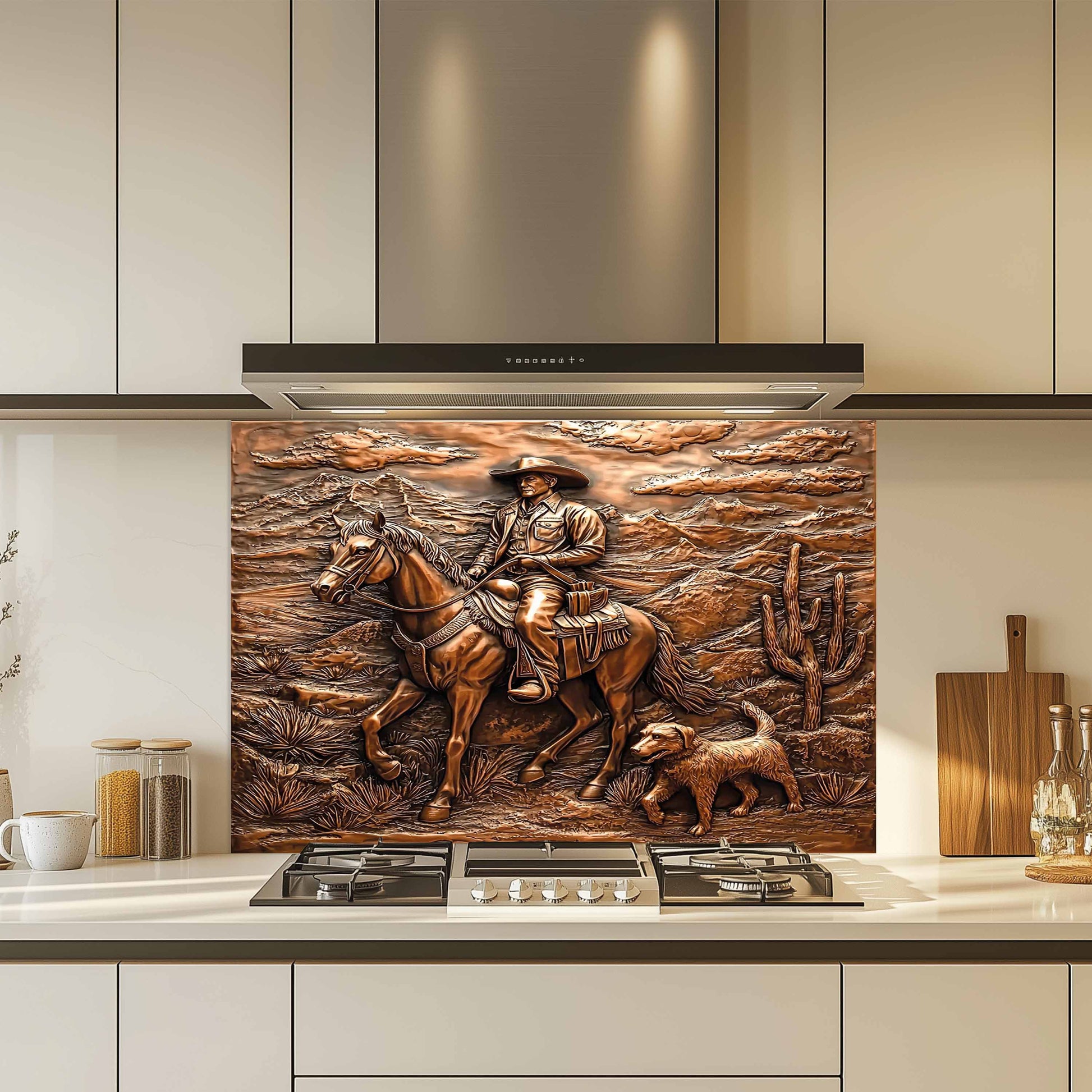 Decorative kitchen backsplash art of a cowboy on horseback in a kitchen setting.