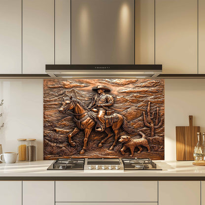 Decorative kitchen backsplash art of a cowboy on horseback in a kitchen setting.