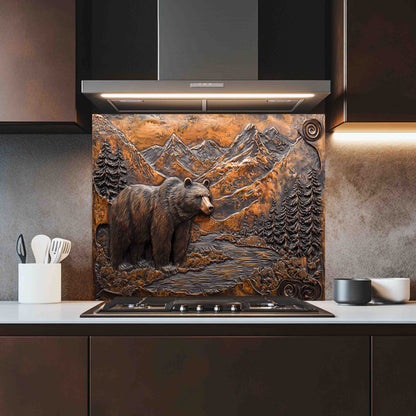 Kitchen with a decorative tempered glass panel featuring a bear and mountain landscape.