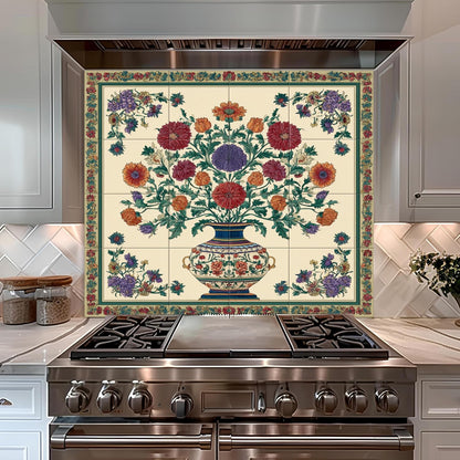 Ottoman floral vase custom kitchen backsplash with colorful traditional flowers on tempered glass splashback panel