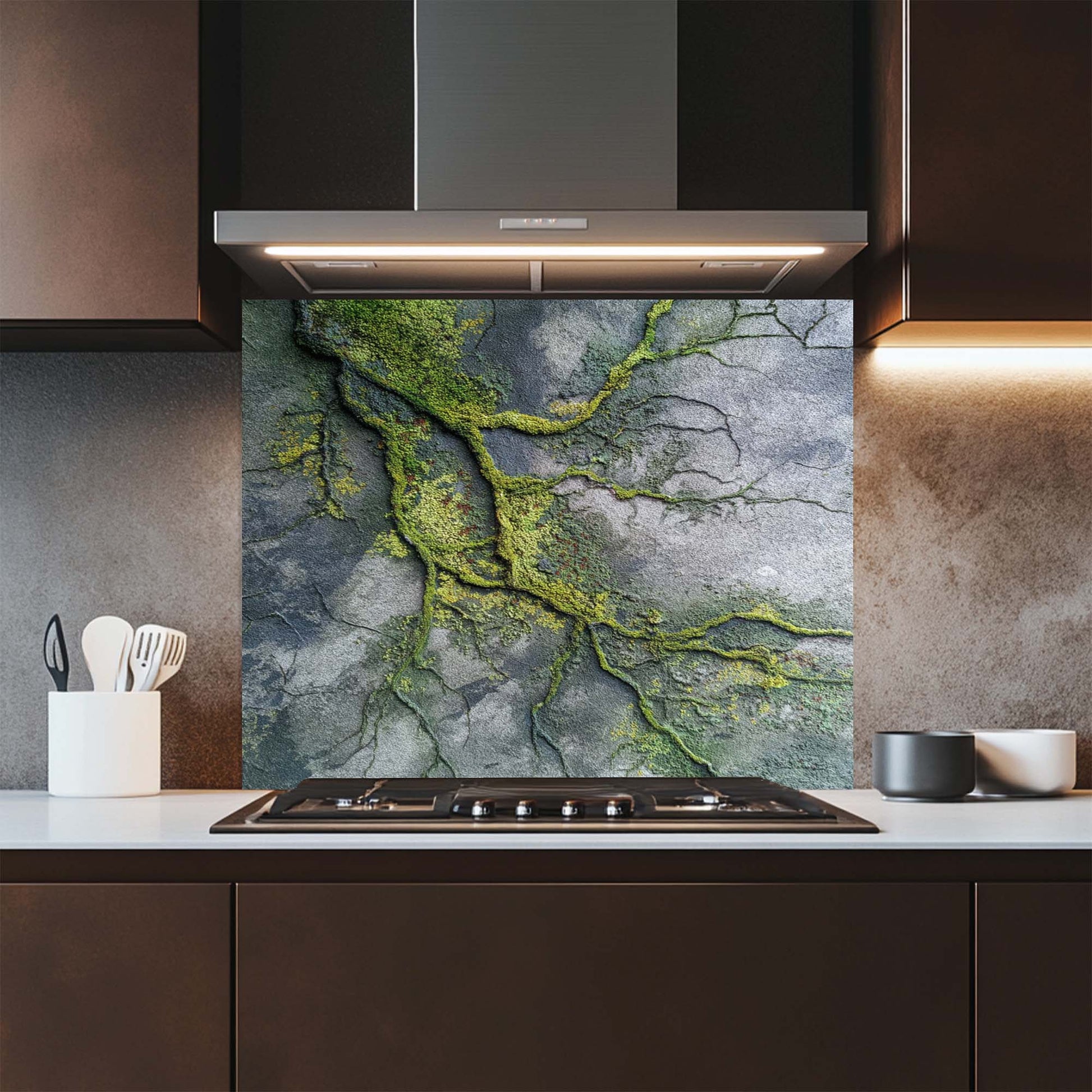 Modern kitchen with a decorative glass splashback featuring green and gray patterns.