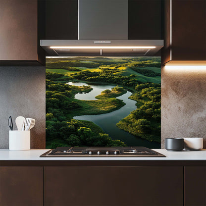Forest river landscape printed on tempered glass backsplash. Glossy, vibrant, custom fit for kitchen walls.