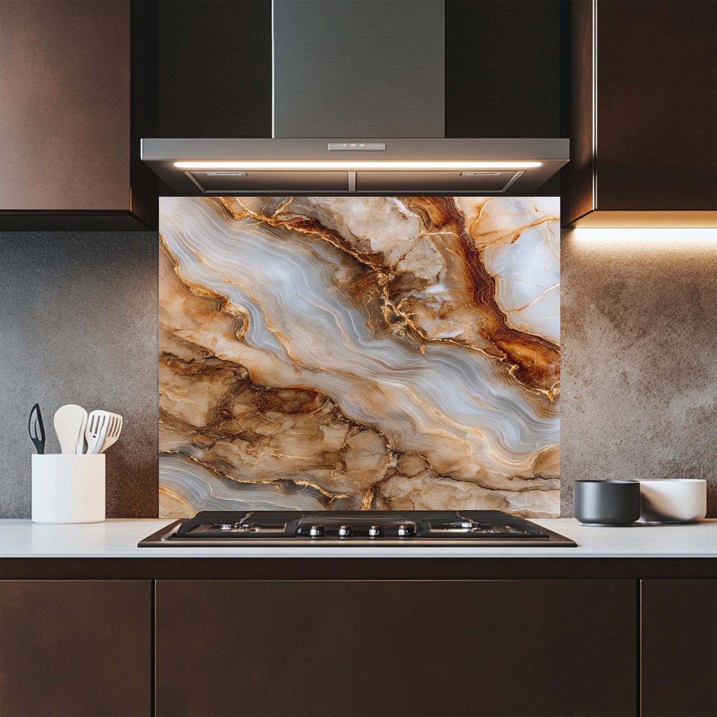 Modern kitchen with a decorative glass backsplash featuring a marble-like pattern.