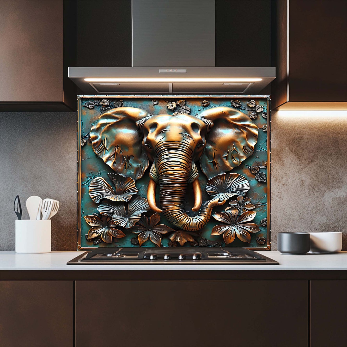 Decorative backsplash with elephant design in a kitchen setting