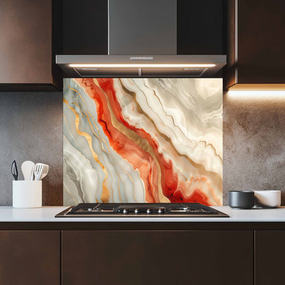 Modern kitchen with a colorful abstract design on the backsplash