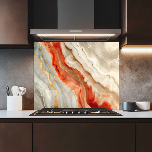 Modern kitchen with a colorful abstract design on the backsplash