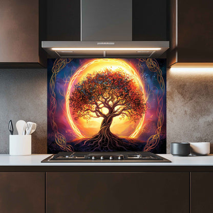 Kitchen with a decorative wall panel featuring a tree and moon design.