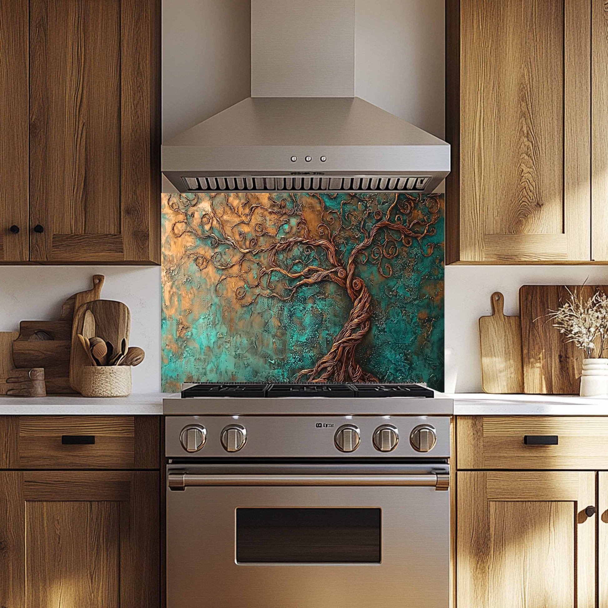 Modern kitchen with wooden cabinets, stainless steel appliances, and a decorative backsplash.