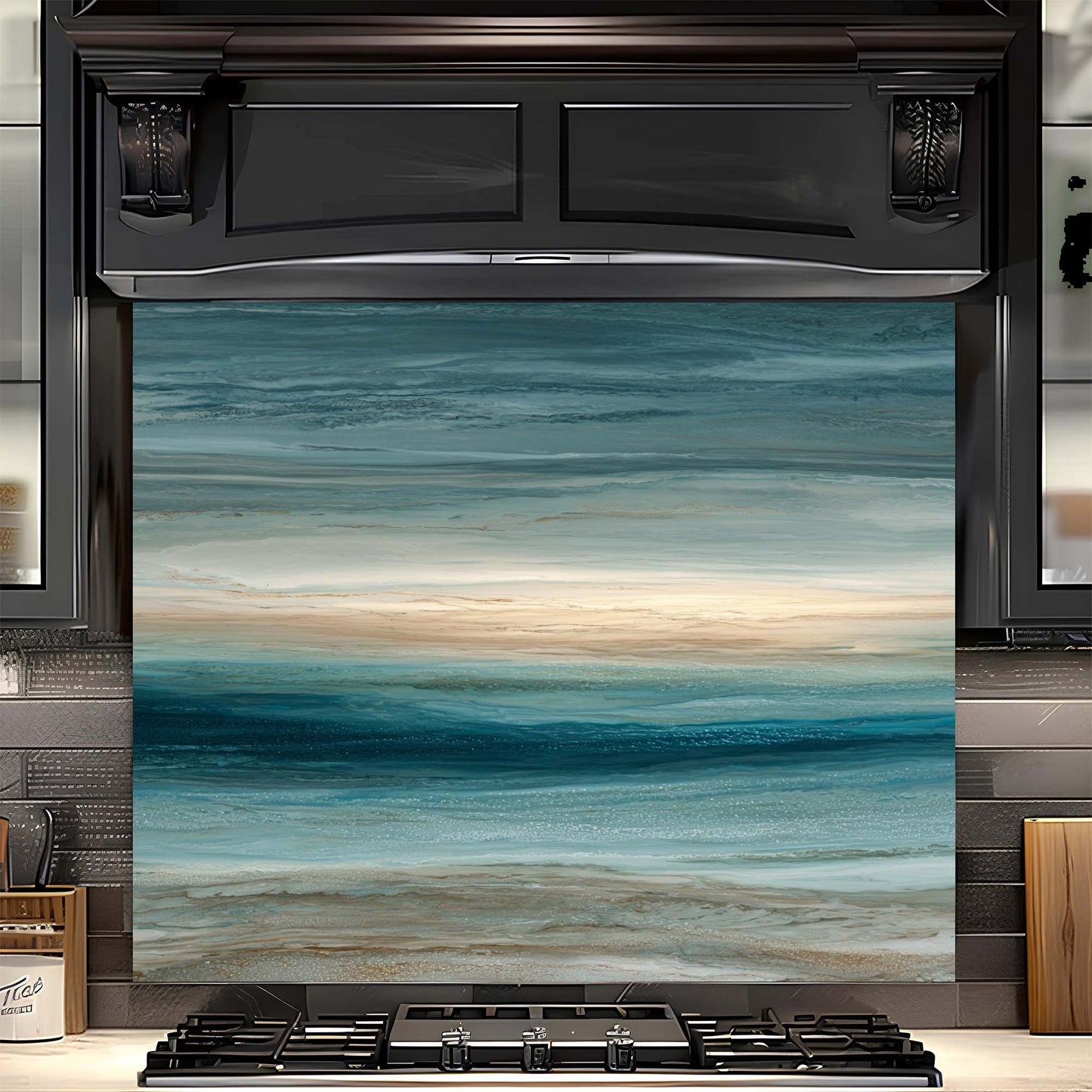 Stainless steel oven with a decorative glass backsplash featuring an ocean scene.