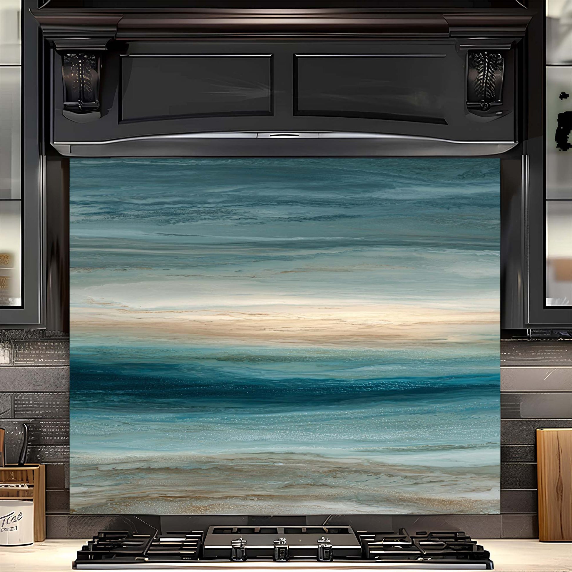 Stainless steel oven with a decorative glass backsplash featuring an ocean scene.