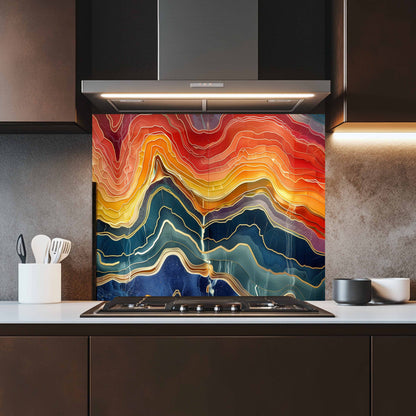 Modern kitchen with a colorful abstract design on the backsplash