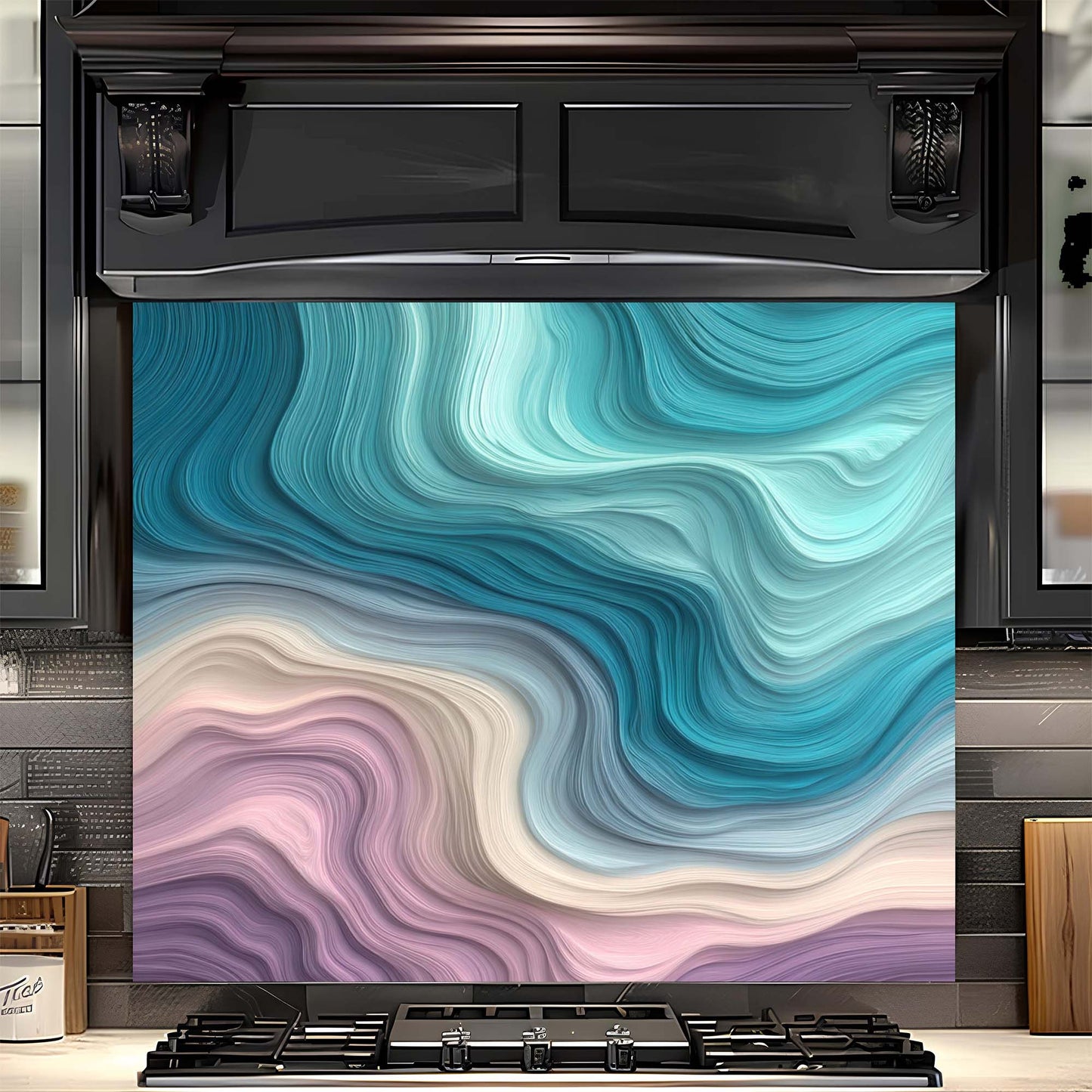 Stainless steel oven with a colorful abstract design on the glass backsplash
