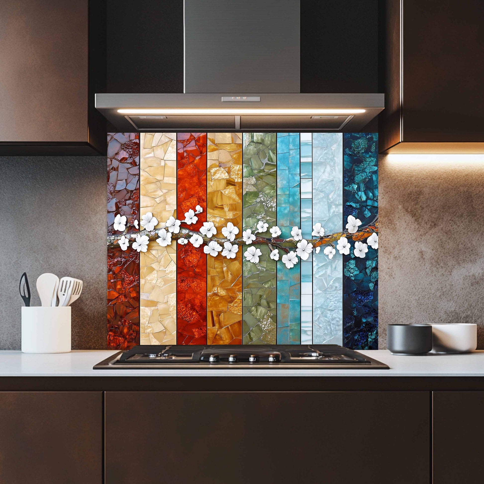 Kitchen with a colorful mosaic backsplash and white flowers