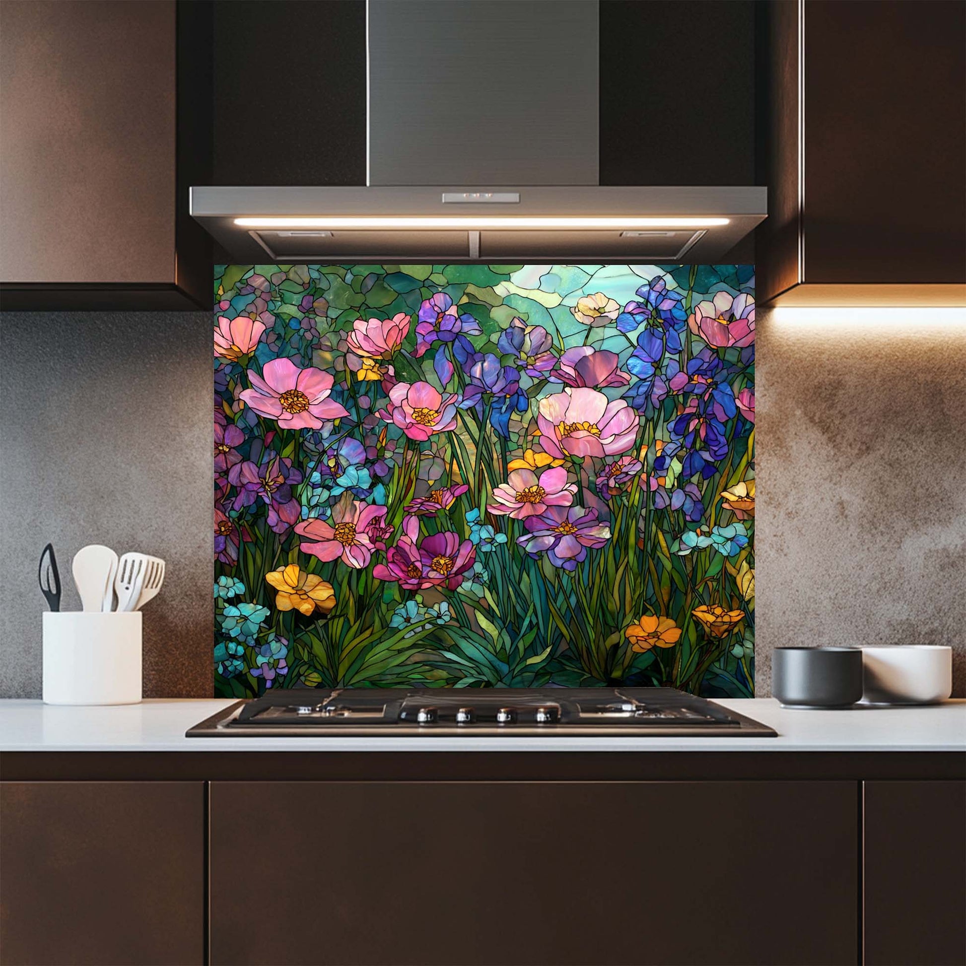 Kitchen with a colorful floral glass backsplash panel.