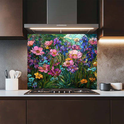 Kitchen with a colorful floral glass backsplash panel.