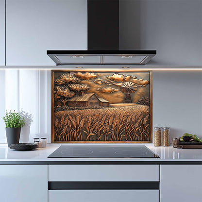 Kitchen with a decorative glass splashback featuring a rural scene.