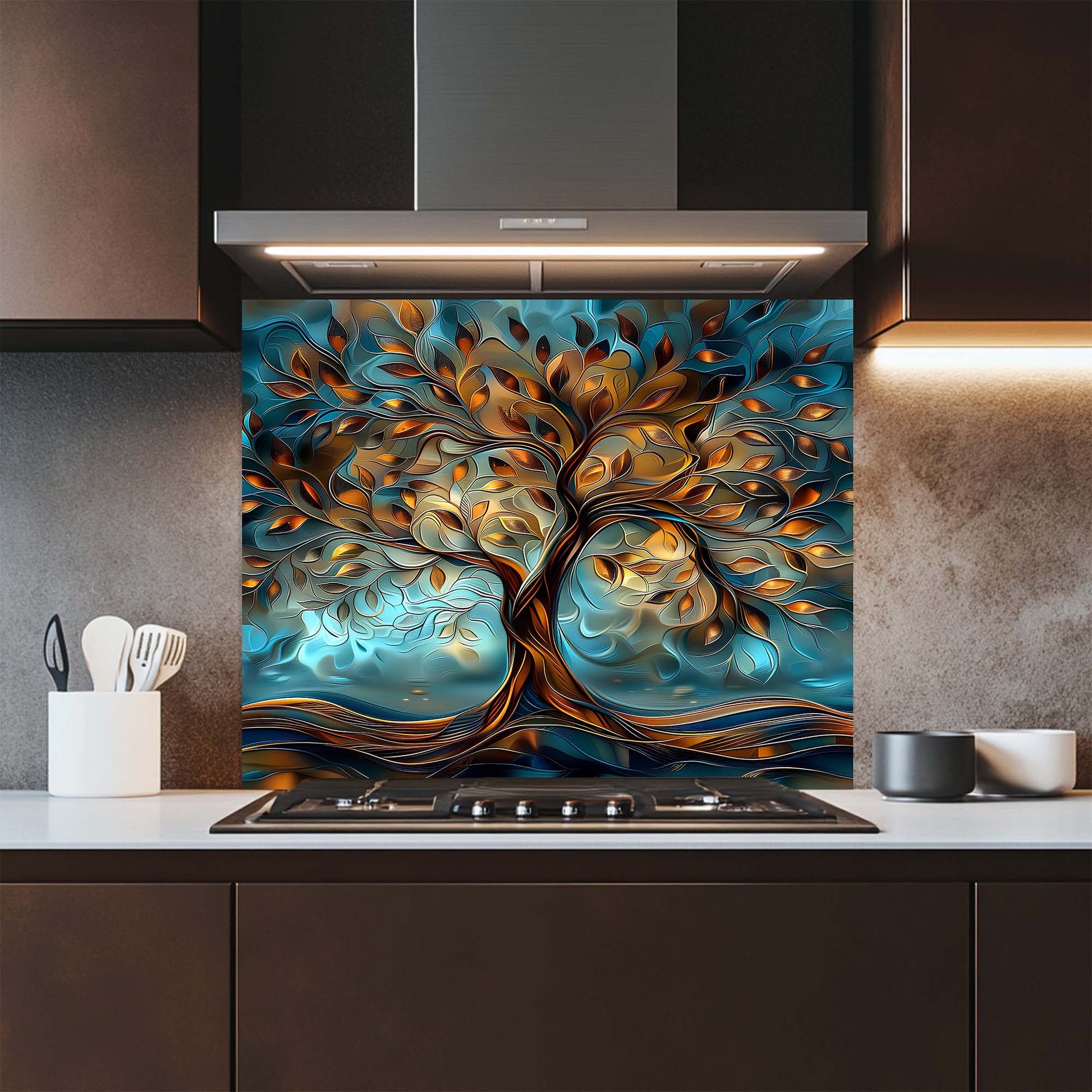 Kitchen with a decorative glass backsplash featuring a tree design.