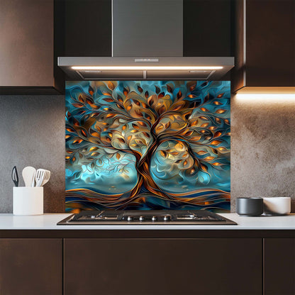 Kitchen with a decorative glass backsplash featuring a tree design.