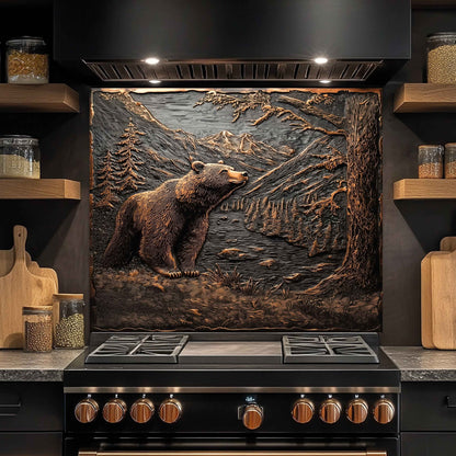 Kitchen stove with a bear and mountain design on the backsplash