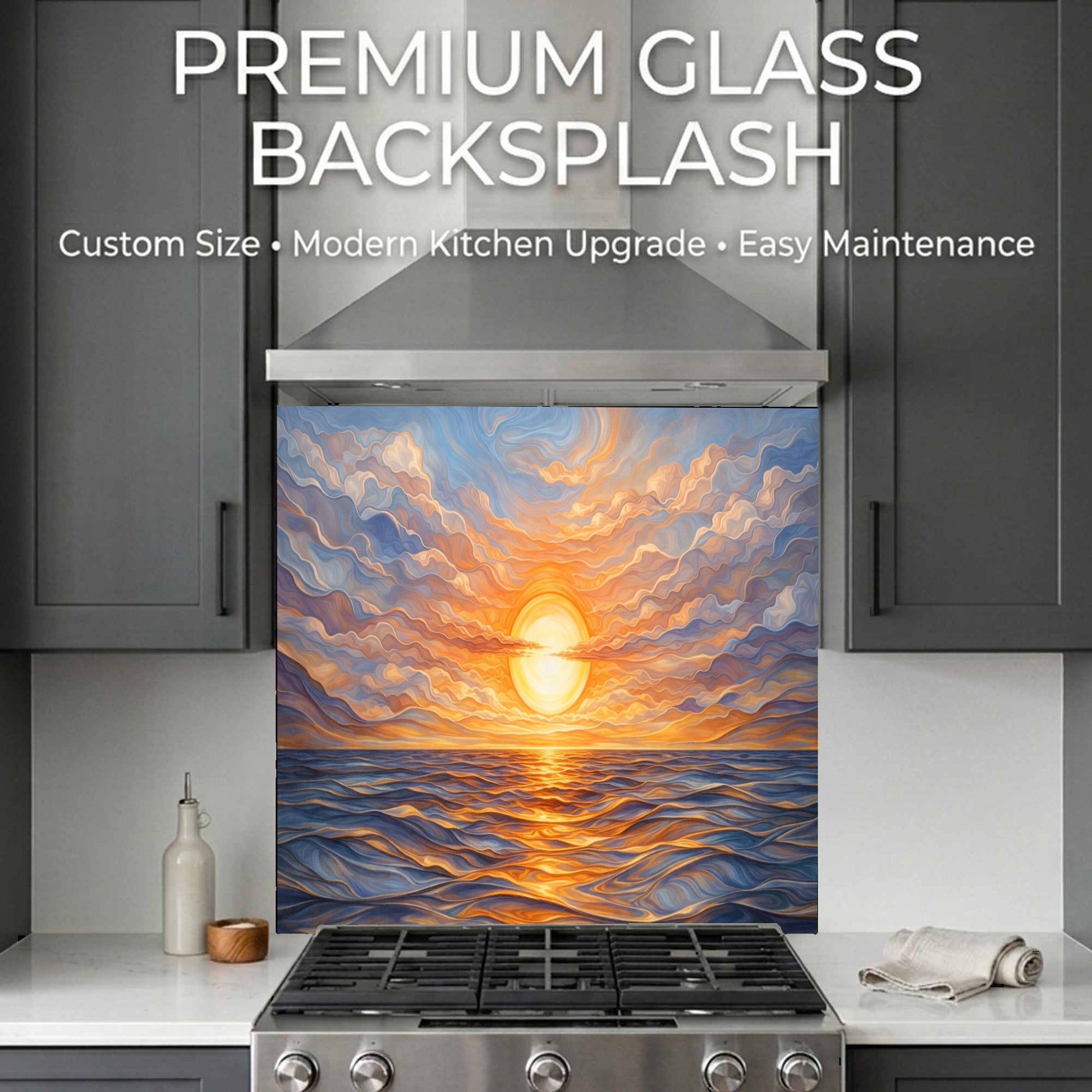 Glass backsplash with sunset design in a kitchen setting