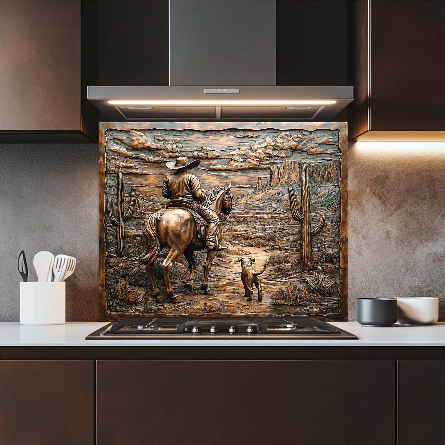 Decorative glass backsplash of a cowboy on horseback in a modern kitchen.