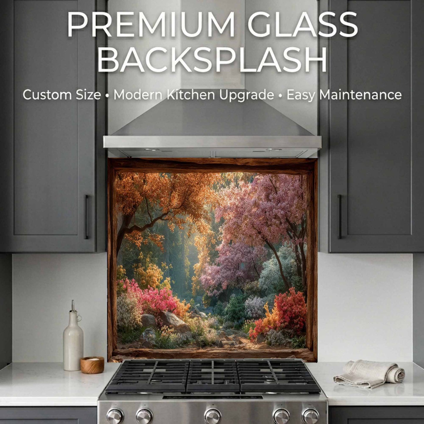 Decorative glass backsplash with nature scene in a kitchen setting