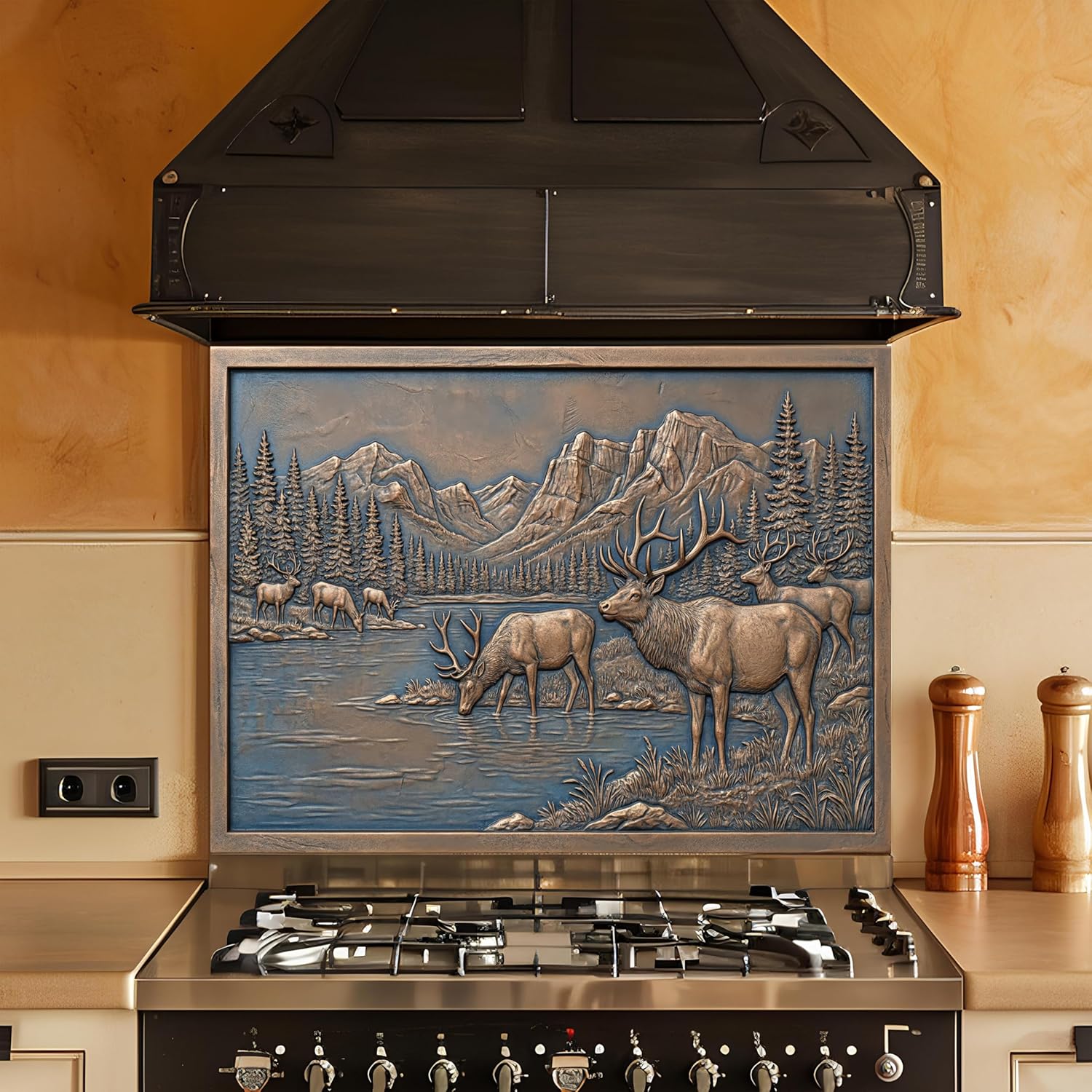 Mountain elk wilderness custom kitchen backsplash with rustic forest and lake landscape on tempered glass