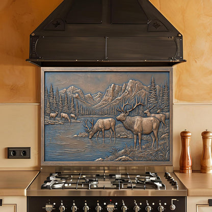 Mountain elk wilderness custom kitchen backsplash with rustic forest and lake landscape on tempered glass
