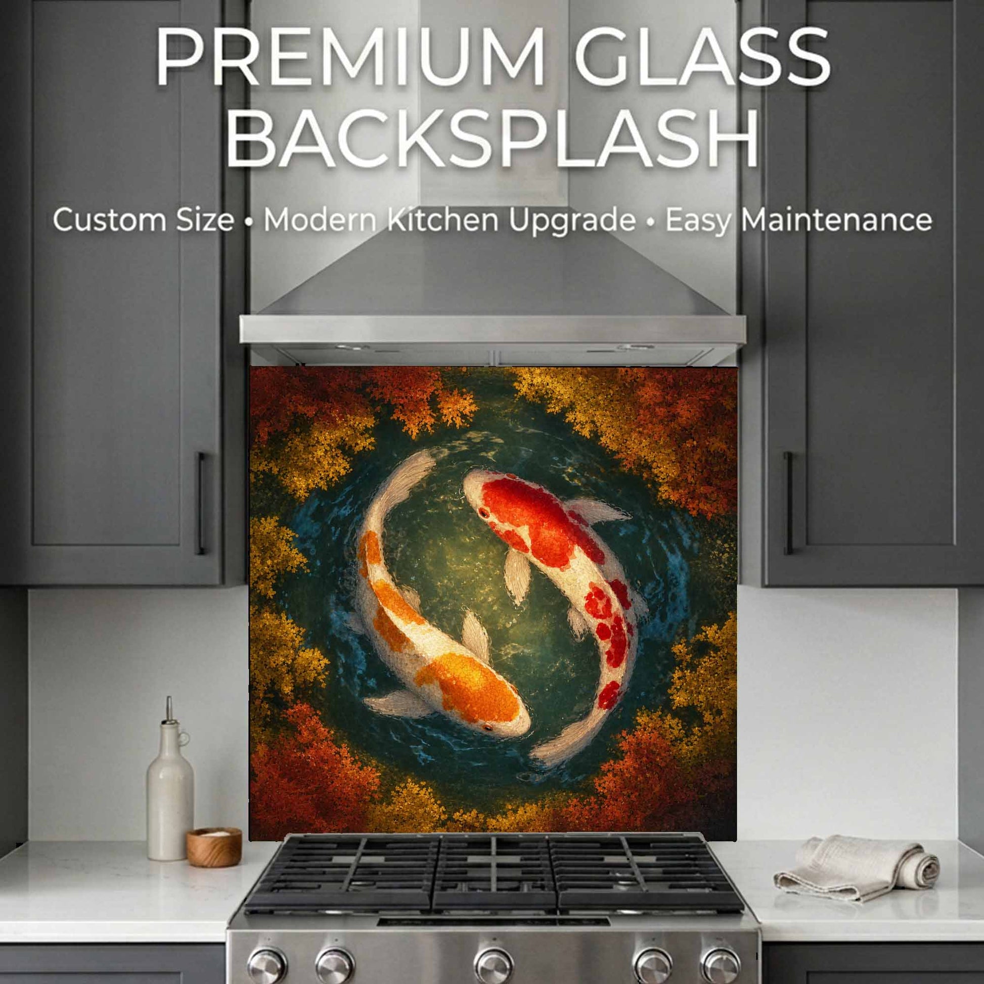 Koi fish design glass backsplash in a kitchen setting with text about premium glass backsplash.
