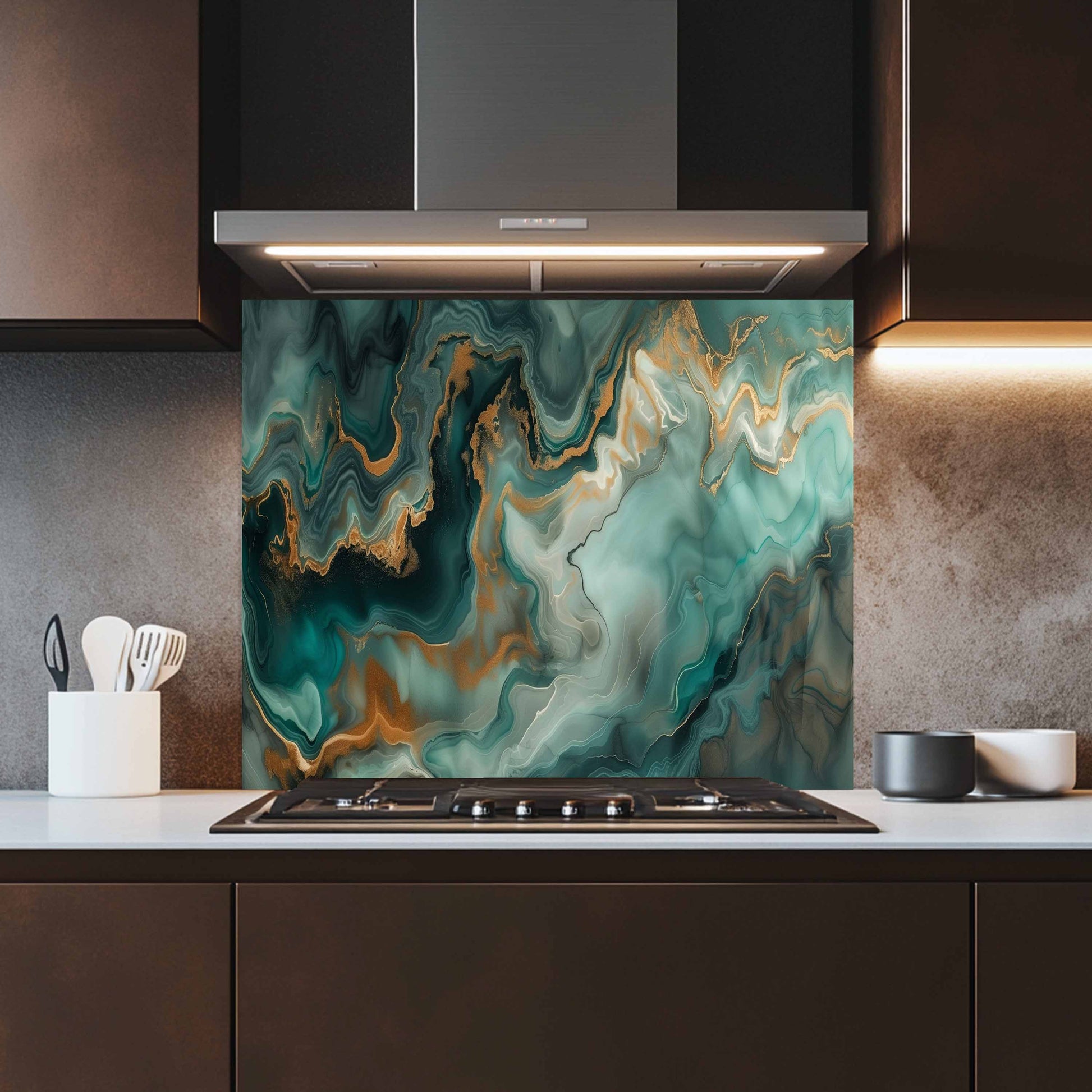 Modern kitchen with a colorful glass splashback panel.