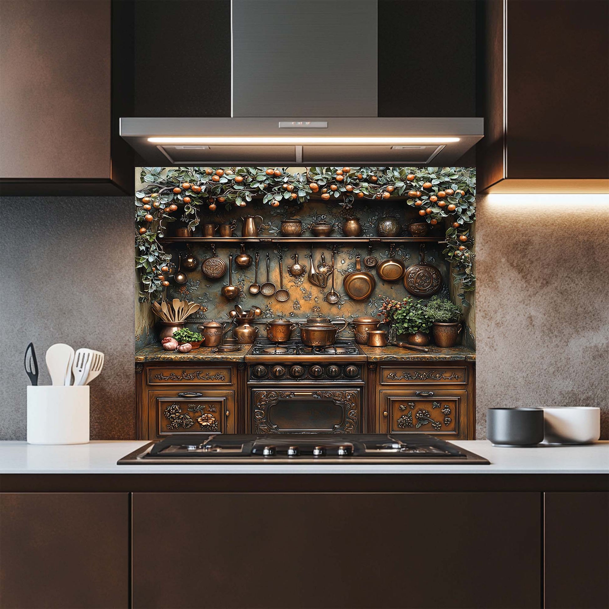 Modern kitchen with decorative glass backsplash featuring pots and pans, and a stove.