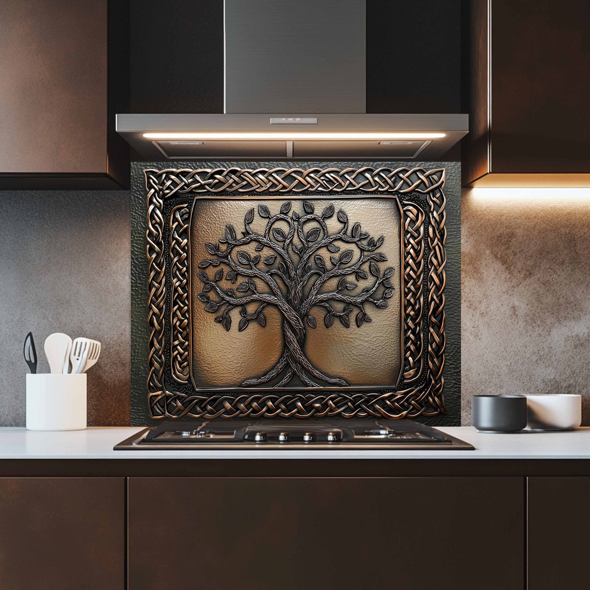 Decorative backsplash with tree design in a modern kitchen
