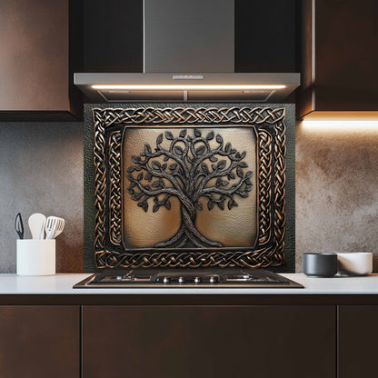 Decorative backsplash with tree design in a modern kitchen