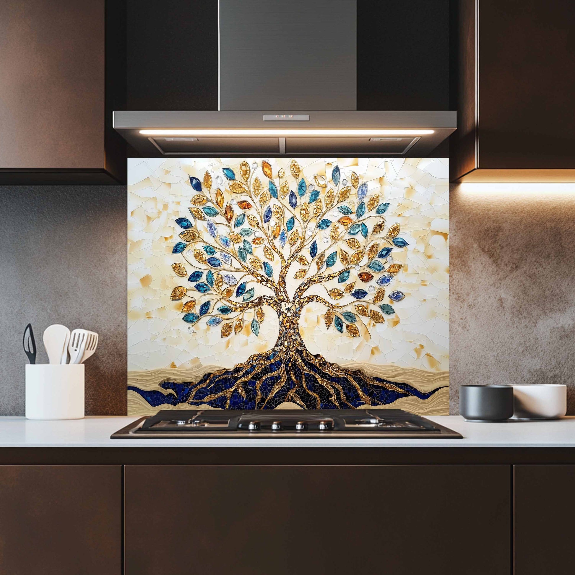 Kitchen with a decorative glass splashback featuring a tree design.