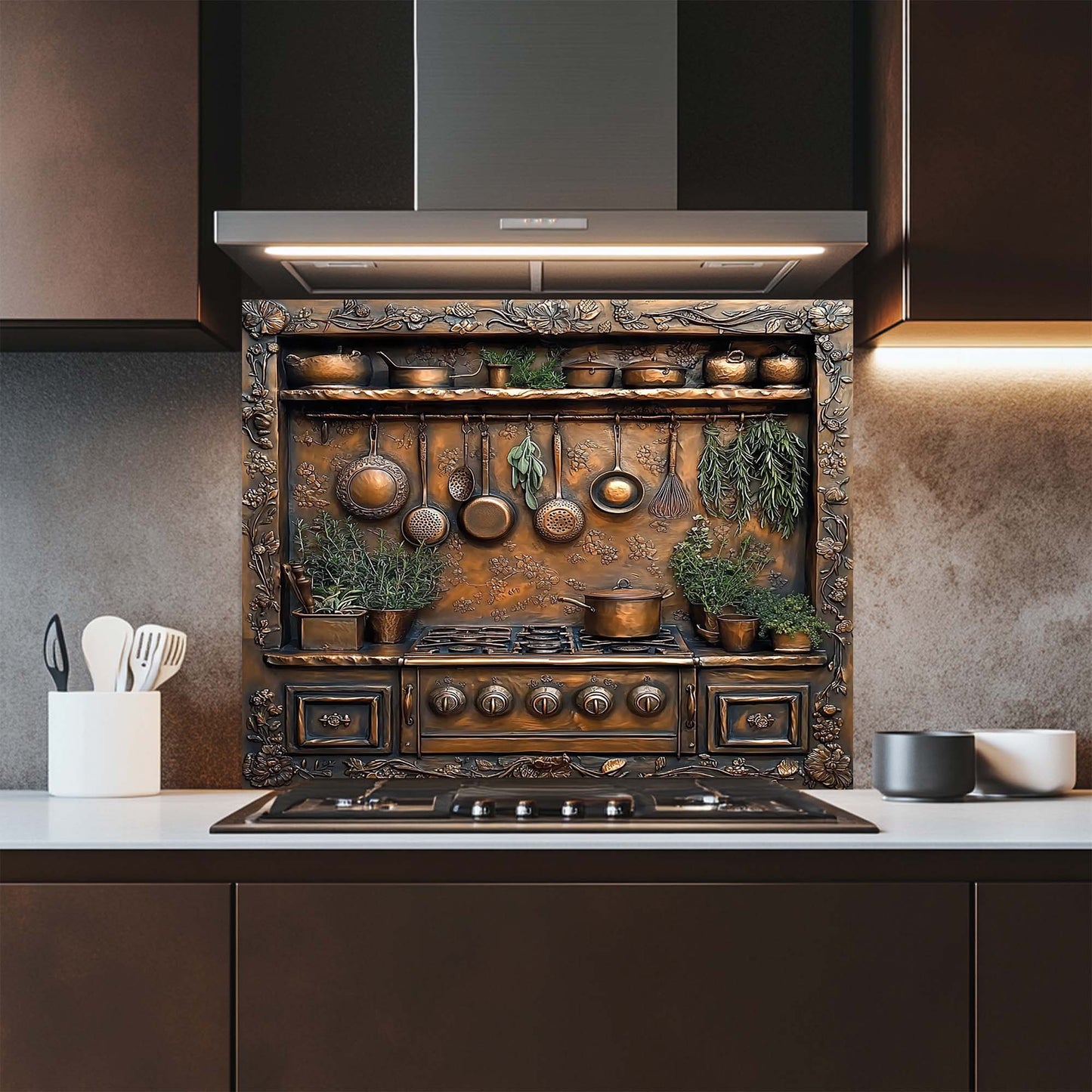 Decorative kitchen glass backsplash with pots and pans, featuring a rustic metal design.