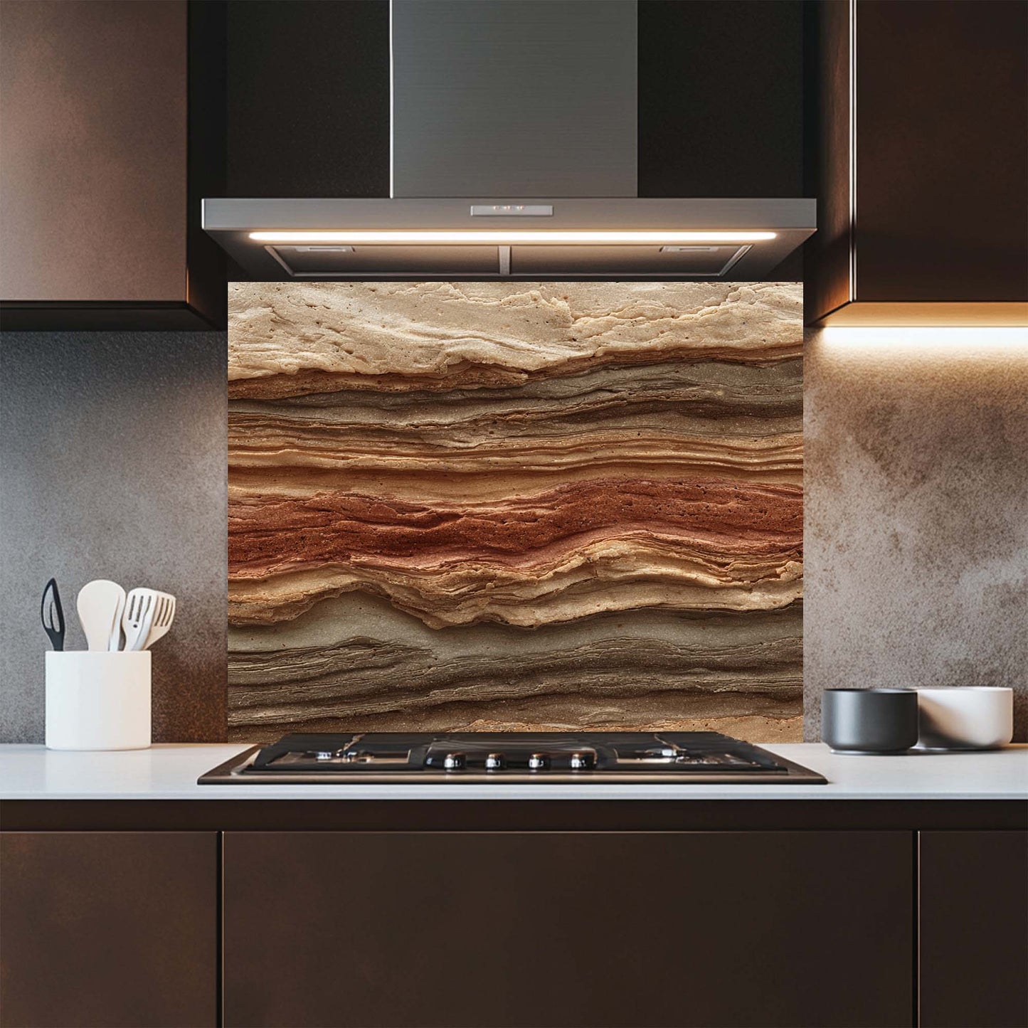 Modern kitchen with a stone-patterned glass backsplash and stainless steel range hood.
