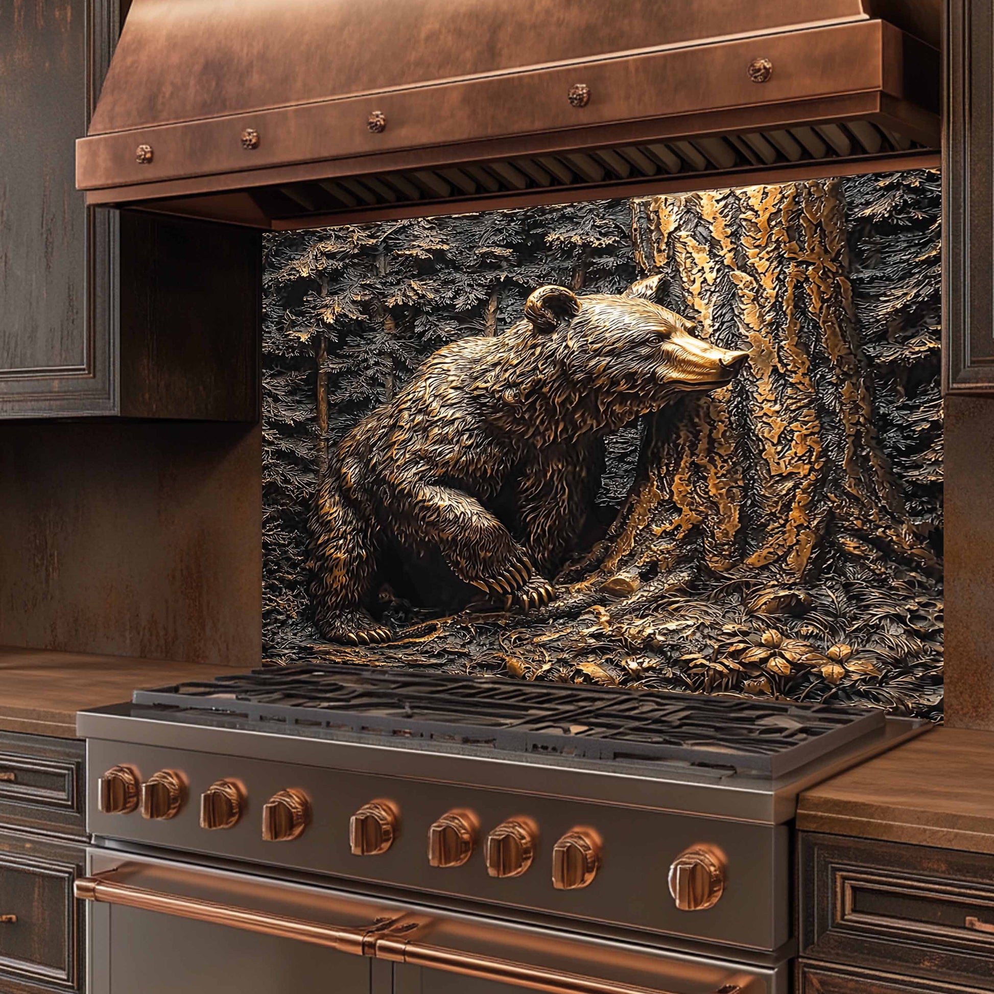 Stainless steel stove with bronze finish and bear glass backsplash on the back splash