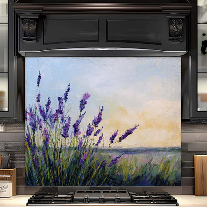 Stainless steel oven with a decorative glass backsplash featuring a lavender field design.