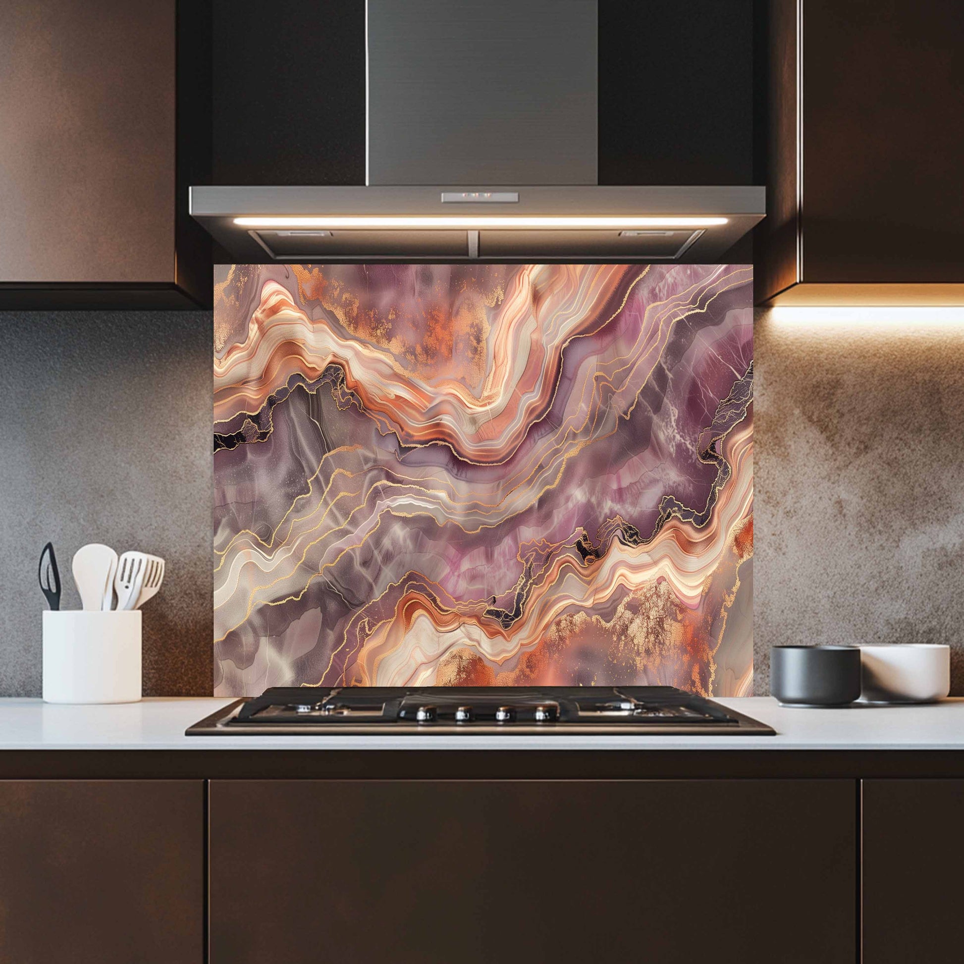 Kitchen with a decorative glass splashback featuring a multicolored agate design.