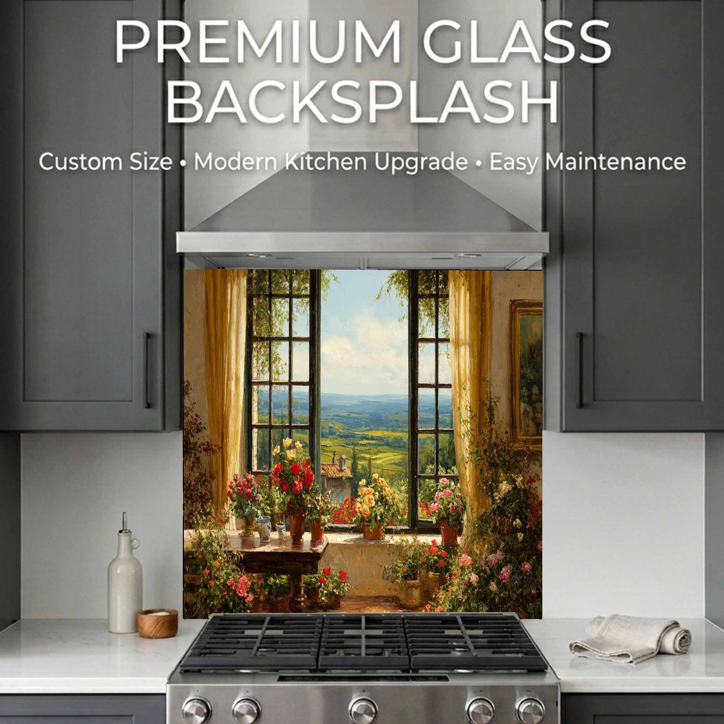 Kitchen with a decorative glass backsplash featuring a scenic view.