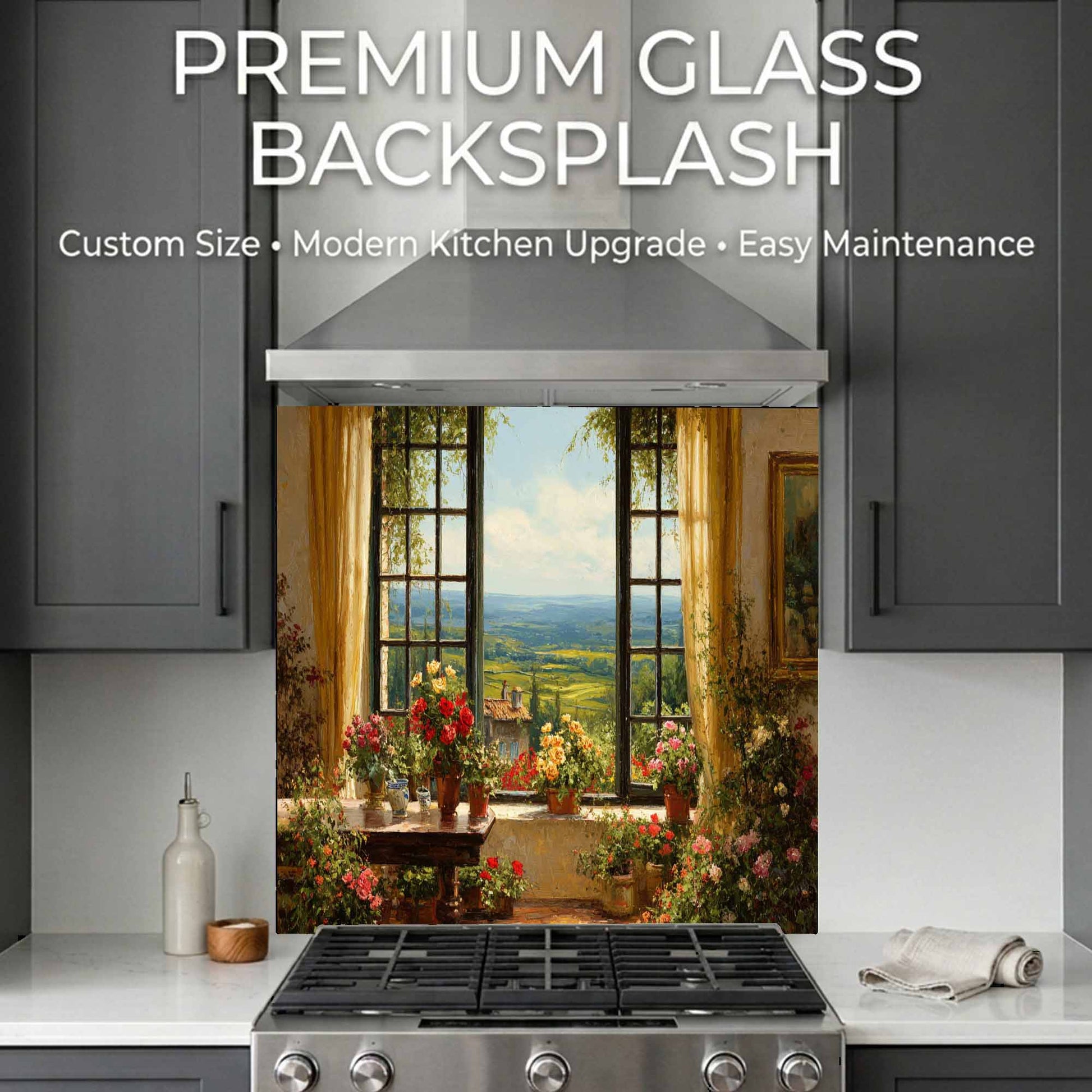 Kitchen with a decorative glass backsplash featuring a scenic view.