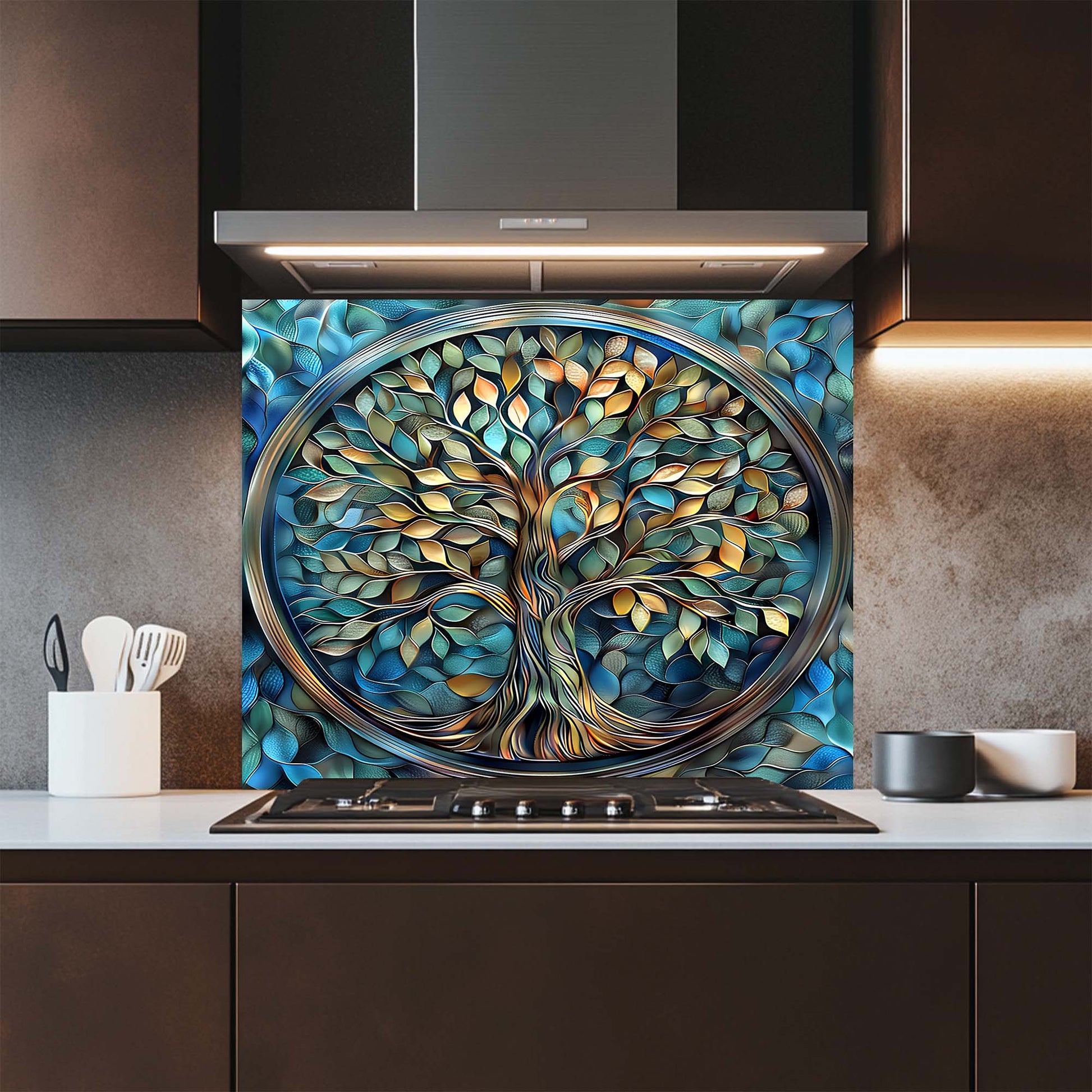 Decorative glass splashback with tree design in a kitchen