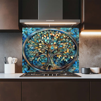 Decorative glass splashback with tree design in a kitchen