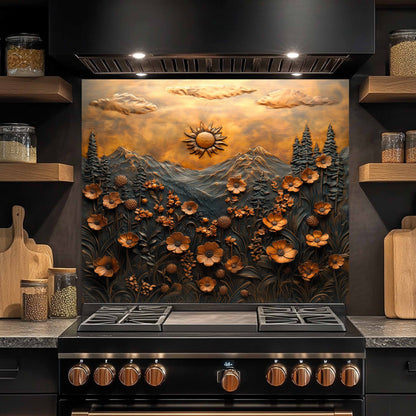 Decorative glass backsplash with a sunset over mountains and flowers above a stove in a kitchen.