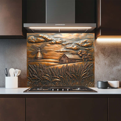 Rustic tempered glass backsplash with farmhouse, windmill, and wheat field in copper tones
