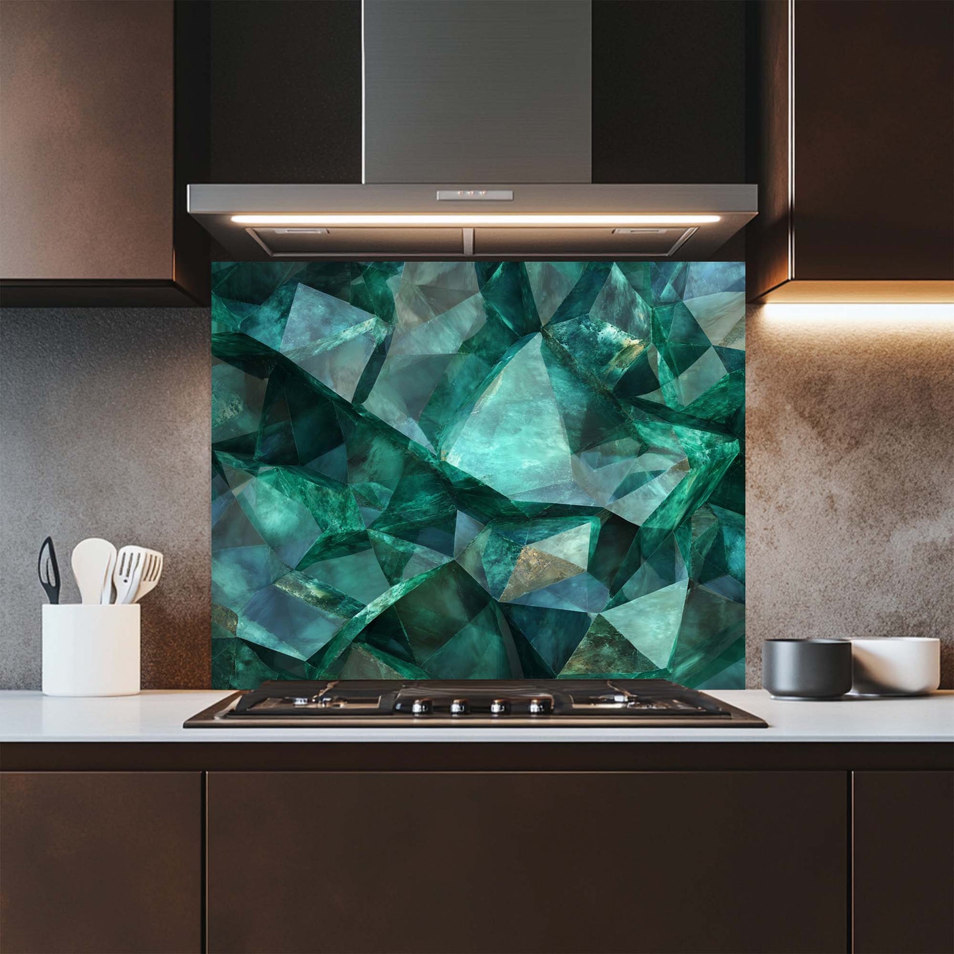 Kitchen with a green geometric patterned glass backsplash