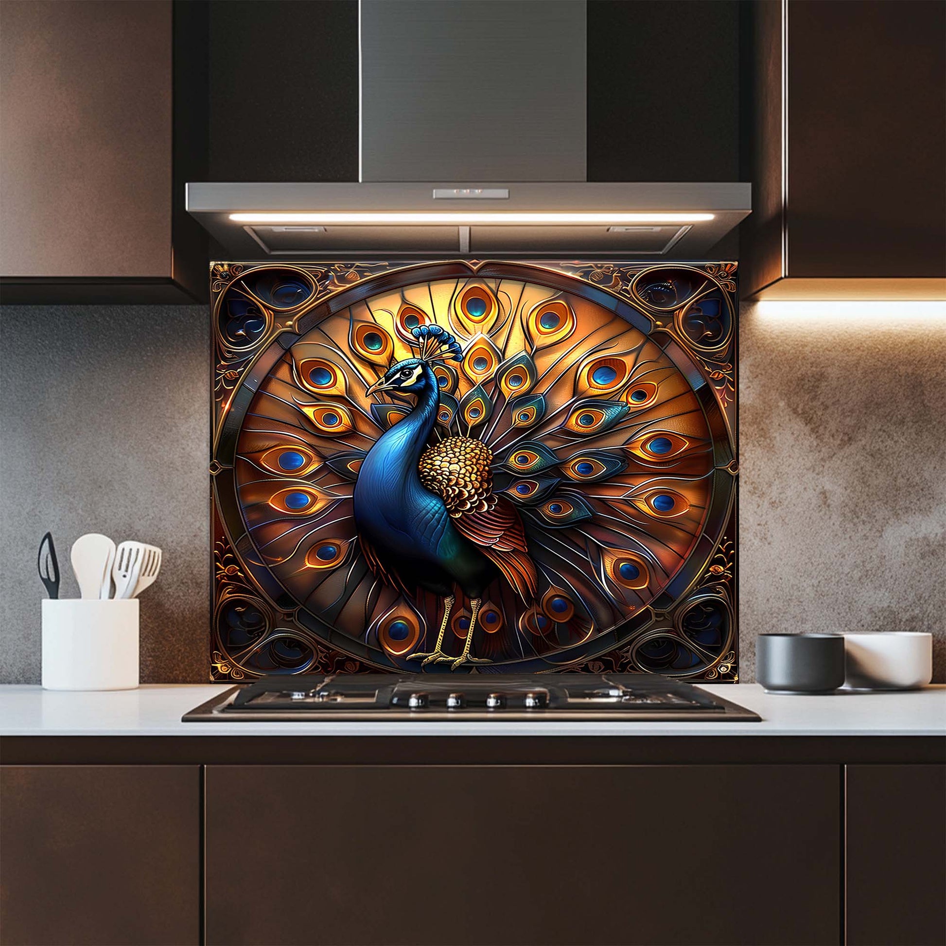 Decorative peacock design on a kitchen splashback with modern kitchen elements.